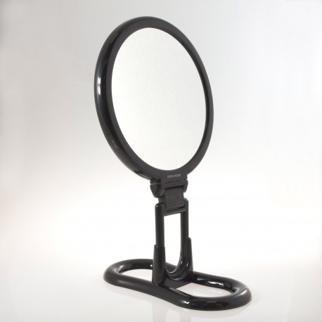 Specchio bifacciale con ingrandimento x 3, manico pieghevole e supporto da  tavolo. Ø18cm.Colore nero
